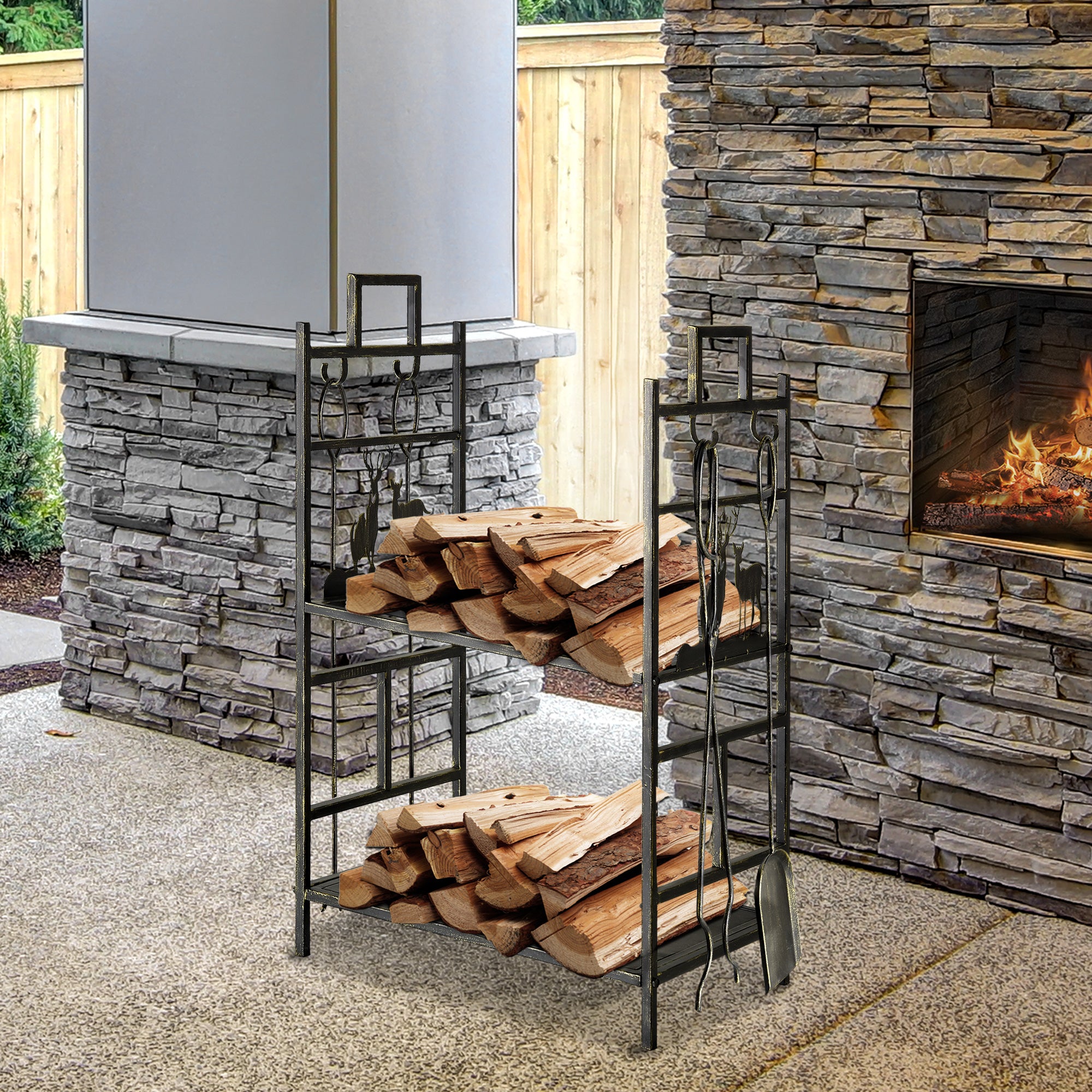 Tier Log Rack Heavy Duty 2 Tier Log Rack with 4 Tools, Black and Gold