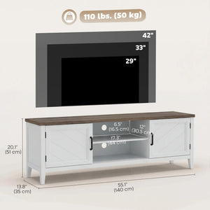 Meuble TV pour téléviseurs jusqu'à 42 pouces avec 2 étagères ouvertes, 2 placards, plateau épais, blanc et marron