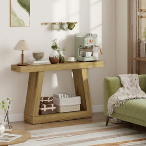 Table console style ferme à 2 niveaux avec rangement, couleur chêne