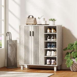 Rangement à chaussures avec double porte et étagères ouvertes, 17 paires, gris clair