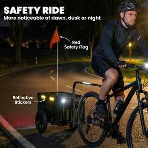 Remorque vélo avec coffre de rangement pliable et couvercle, roues à démontage rapide, autocollants réfléchissants et drapeau de sécurité