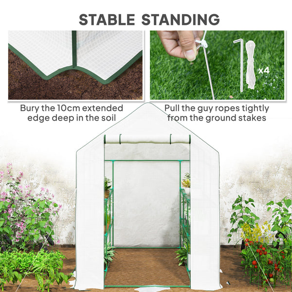 Three-tier garden greenhouse with roll-up door and screened windows
