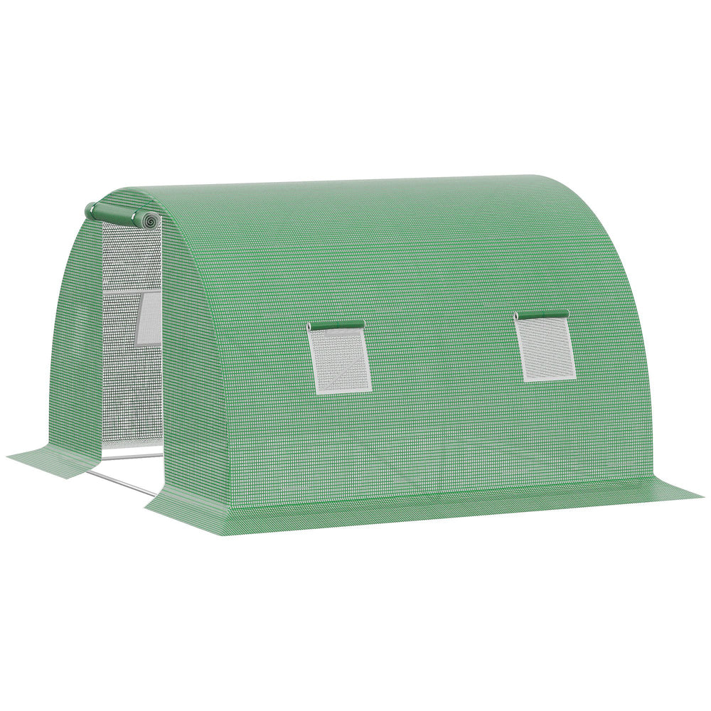 Heated tunnel greenhouse for plants with 4 windows and a zippered door