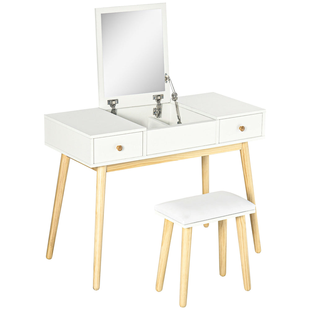 Coiffeuse avec miroir rabattable et tabouret rembourré, blanc