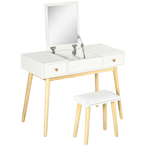 Coiffeuse avec miroir rabattable et tabouret rembourré, blanc