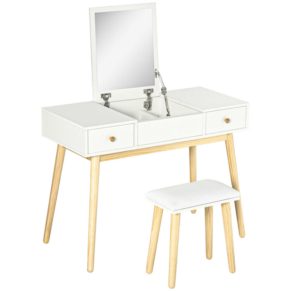 Coiffeuse avec miroir rabattable et tabouret rembourré, blanc