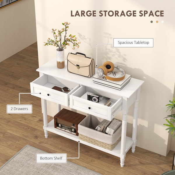 Modern Hallway Console Table with 2 Drawers, Storage Shelf, Turned Legs, White