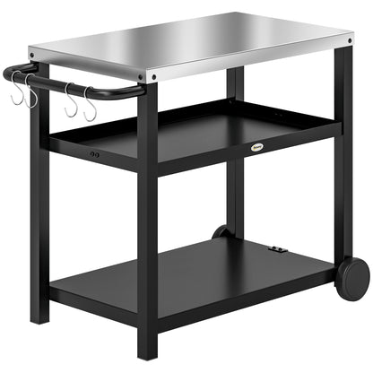 Outsunny 3-Shelf Outdoor Kitchen Cart, Pizza Oven, Stainless Steel Top, Mobile BBQ Food Prep Table, Outdoor Kitchen Island with Hooks, Casters and Handle, Charcoal Grey 
