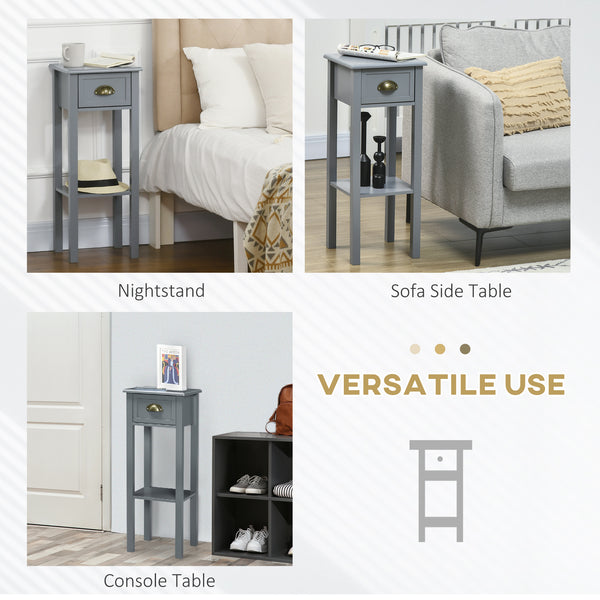 Lot de 2 tables de chevet étroites avec tiroir et étagère, gris