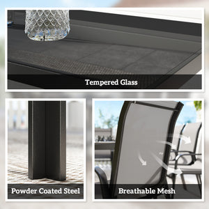 Ensemble de patio 9 pièces avec chaises empilables avec plateau en verre, gris clair