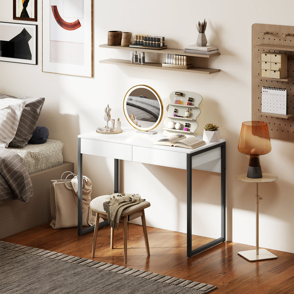 Bureau d'ordinateur brillant avec 2 tiroirs, pour petits espaces, blanc et gris