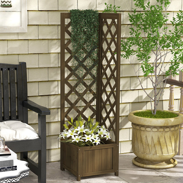 Raised wooden planter with trellis for climbing plants