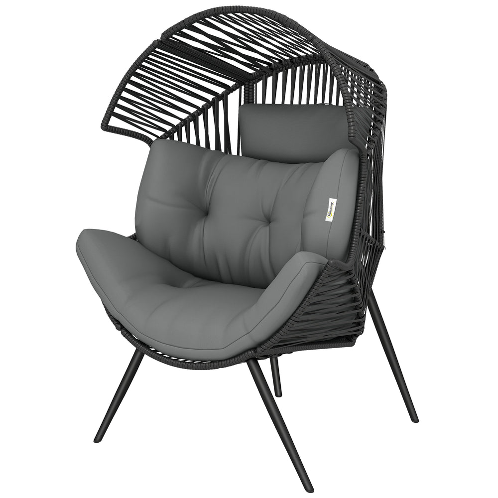 Fauteuil œuf en osier en rotin avec coussin épais et appui-tête, structure en acier, coussins réglables, gris