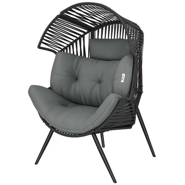 Fauteuil œuf en osier en rotin avec coussin épais et appui-tête, structure en acier, coussins réglables, gris