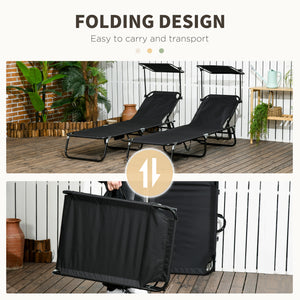 2 Piece Folding Outdoor Chaise Lounges, Pool, Sun, Tanning Chairs with Reclining Back, Sunshade for Beach, Patio, Black