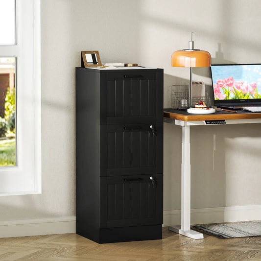 Classeur HOMCOM 3 tiroirs avec serrure, armoire de rangement de bureau avec barres de suspension réglables pour dossiers format A4, noir