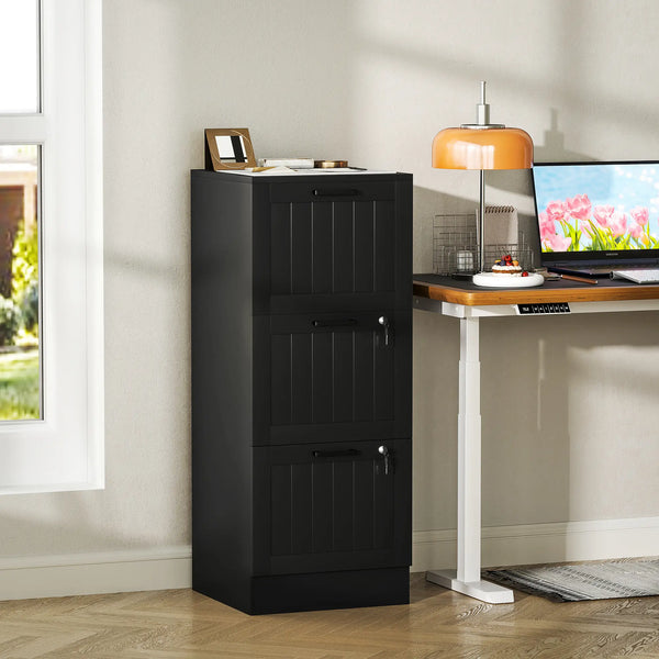 Classeur 3 tiroirs avec serrure, armoire de rangement de bureau avec barres de suspension réglables pour dossiers format A4, noir