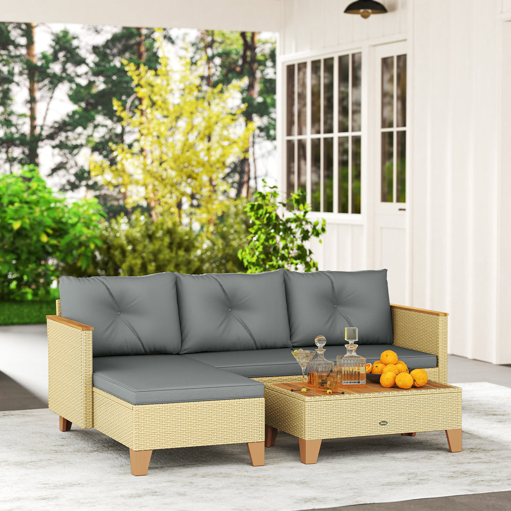 Ensemble de meubles de jardin 3 pièces en L avec table basse et plateau en bois, gris clair