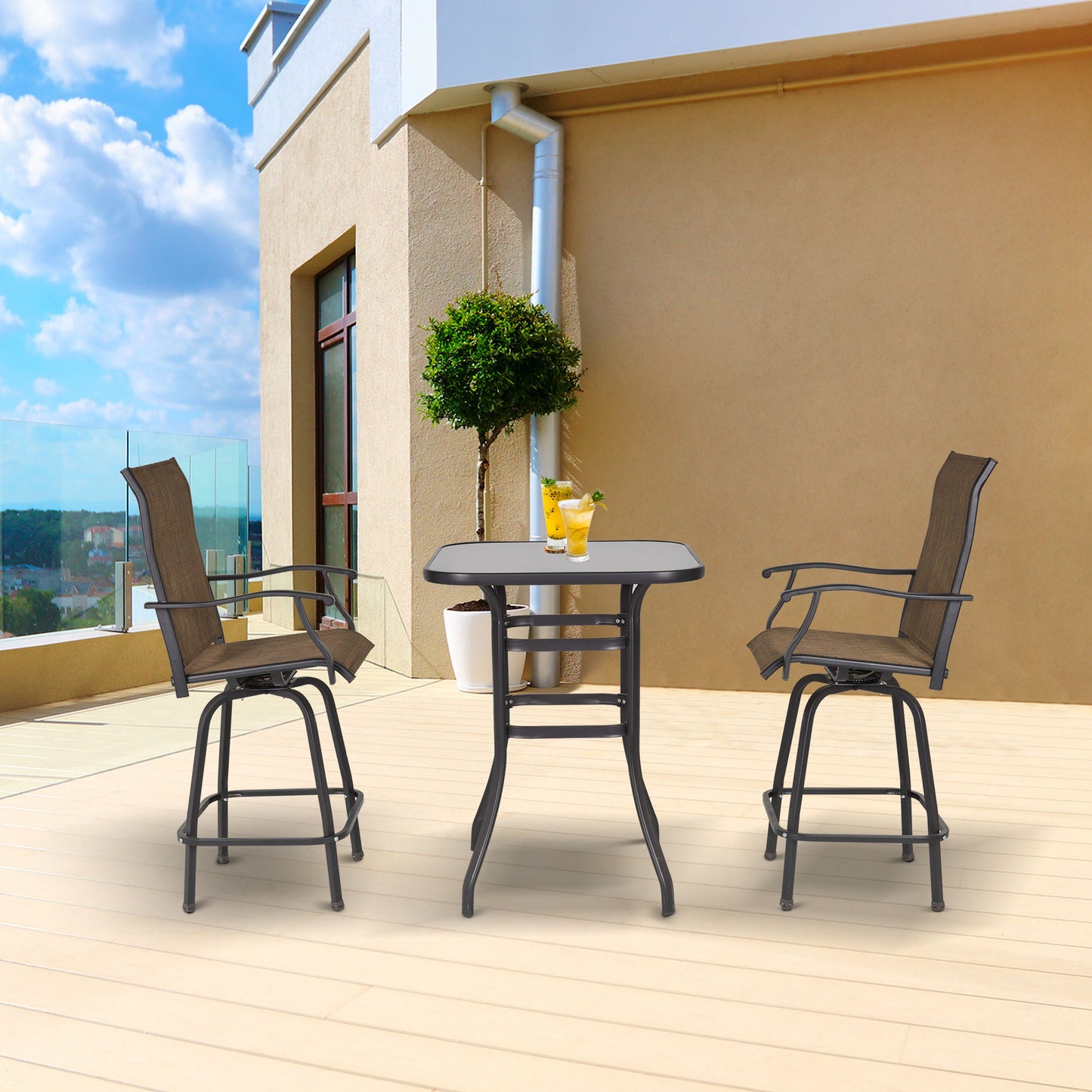 Outsunny 3 Piece Outdoor Patio Bar Set 2 Swivel Stool and 1 Bistro Table All-Weather Metal Frame for Balcony Backyard Deck Brown |