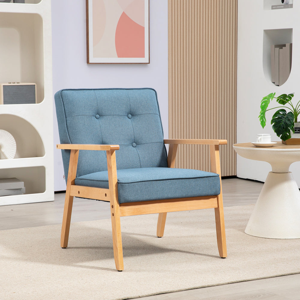 Fauteuil d'appoint moderne en tissu avec dossier capitonné et pieds en bois, bleu