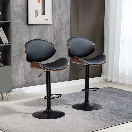 Set of 2 Modern PU Leather Adjustable Swivel Bar Stools with Curved Backrest, Steel Footrest and Base, Black