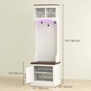 Meuble d'entrée 3 en 1 avec éclairage LED et banc, porte-manteau et rangement pour chaussures, grain de bois blanc