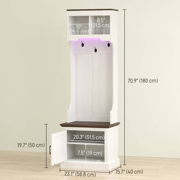 Meuble d'entrée 3 en 1 avec éclairage LED et banc, porte-manteau et rangement pour chaussures, grain de bois blanc