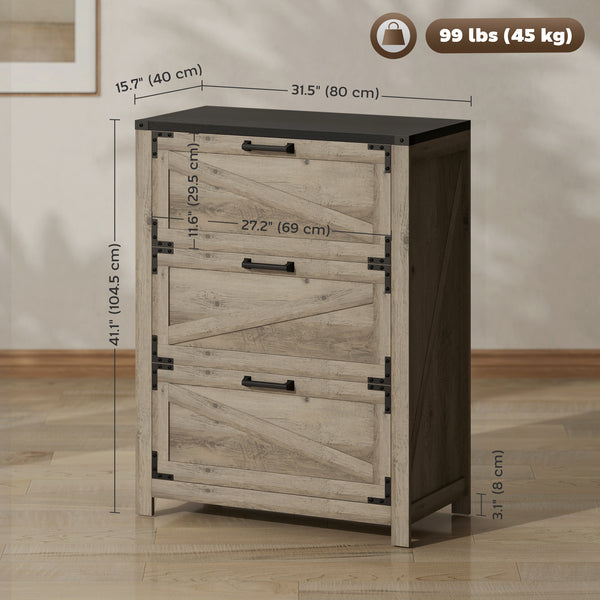 Classeur 3 tiroirs de style campagnard avec barres de suspension réglables pour format lettre, A4, format légal, gris