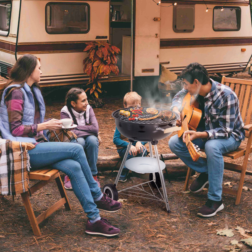 Portable Charcoal BBQ Grill, Steel Outdoor Camp Picnic Cooker with Lid, Air Vents, Wheels and Storage Shelf, Black