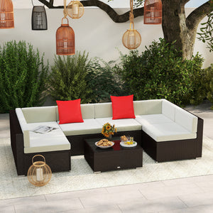 Ensemble de canapés de jardin 7 pièces en résine tressée, marron foncé et beige
