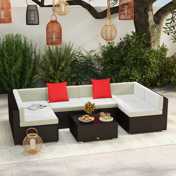 Ensemble de canapés de jardin 7 pièces en résine tressée, marron foncé et beige
