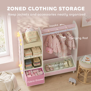 Qaba Kids Clothing Rack, Kids Wardrobe with Light-Up Mirror, Non-Woven Drawer and Shelves for Bedroom, Ages 3-8, Pink