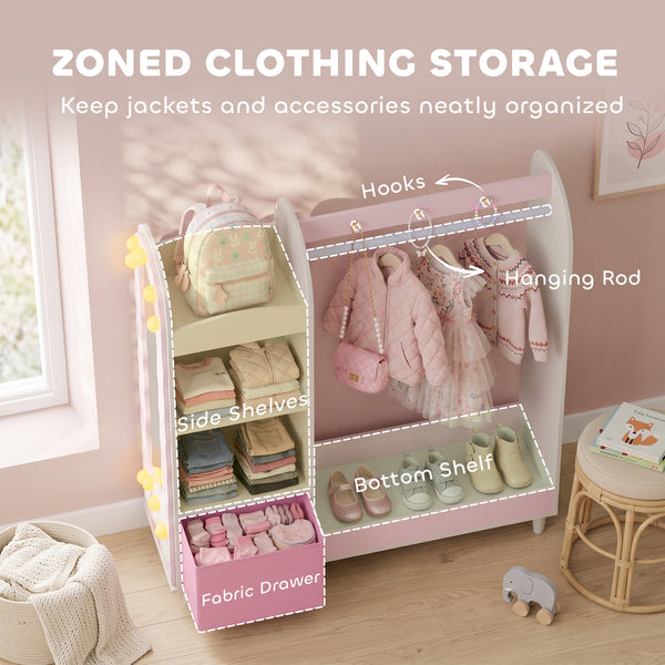 Qaba Kids Clothing Rack, Kids Wardrobe with Light-Up Mirror, Non-Woven Drawer and Shelves for Bedroom, Ages 3-8, Pink