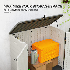 Outdoor storage cabinet with hinged lid and lockable doors