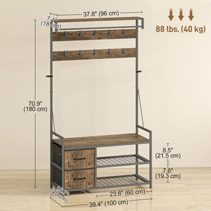 Meuble d'entrée 6 en 1 avec banc et rangement à chaussures, marron rustique