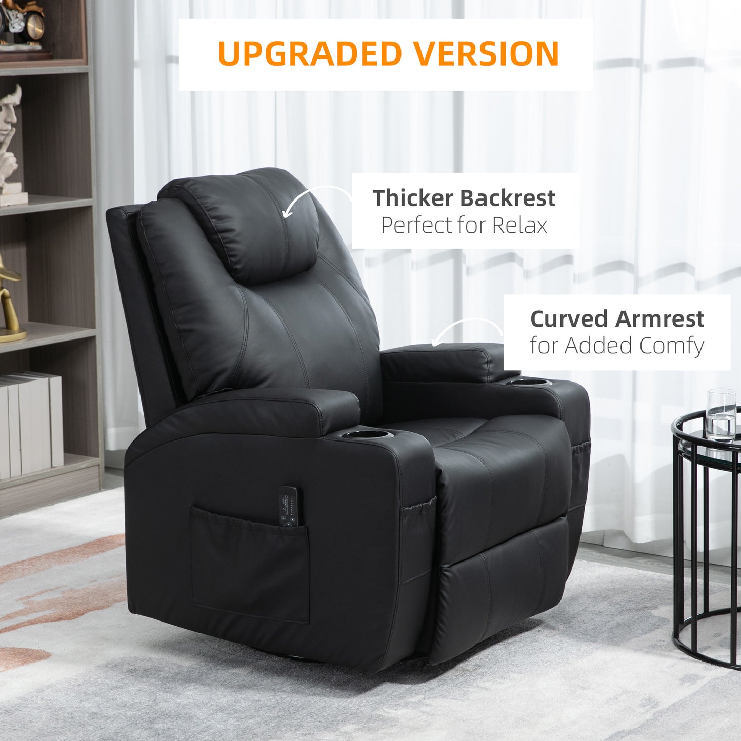Fauteuil massant inclinable à bascule pivotant avec 8 points de vibration, cuir synthétique, porte-gobelets, poches latérales, noir