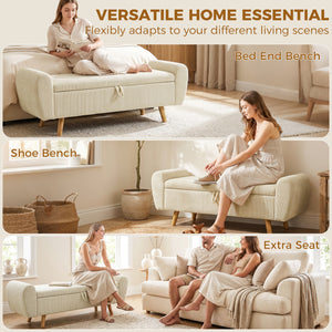 Banc de rangement 59 po en velours côtelé, beige