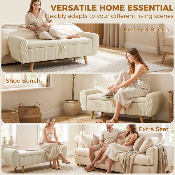 Banc de rangement 59 po en velours côtelé, beige