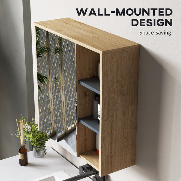 Armoire murale de salle de bain avec miroir et 5 espaces de rangement – Effet bois naturel