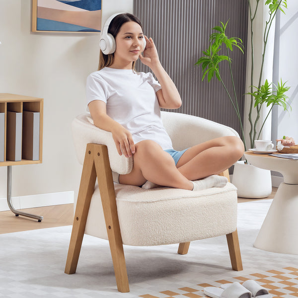 Fauteuil d'appoint en polaire Sherpa avec pieds en bois massif, blanc