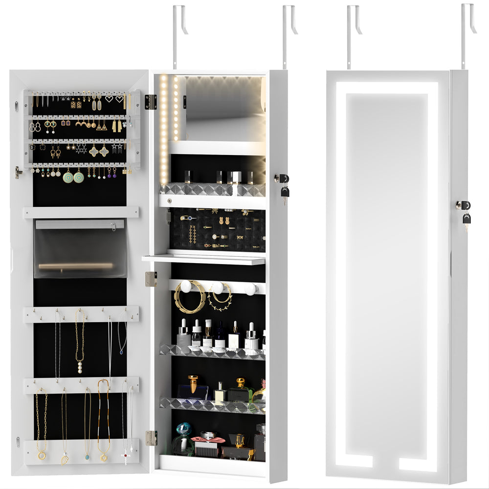 Armoire à bijoux avec éclairage LED et miroir, fixation murale, blanche