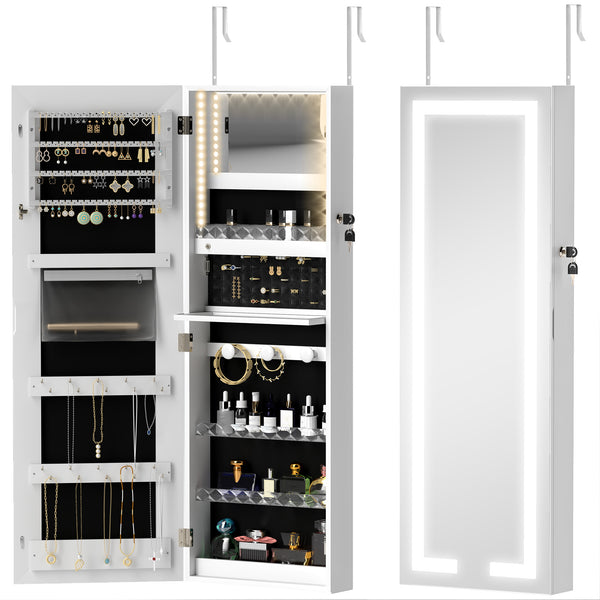 Armoire à bijoux avec éclairage LED et miroir, fixation murale, blanche