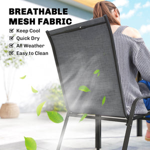 6-seater outdoor dining set, mesh stacking chairs with parasol hole, grey