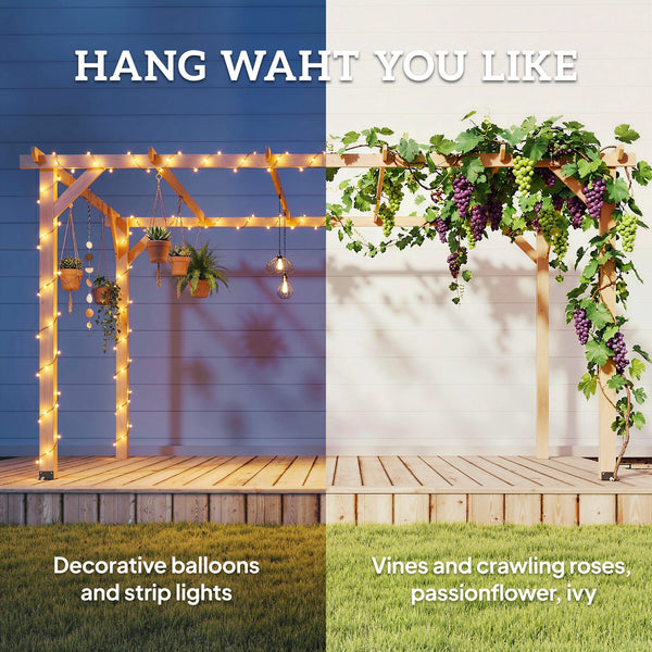 Pergola en bois 10' x 13', supports triangulaires, ancrages en béton, bois naturel