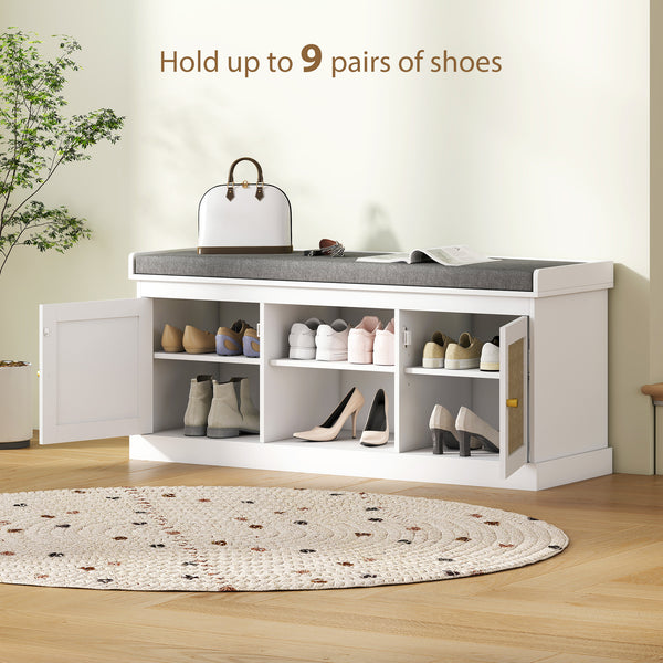 Banc à chaussures avec coussin rembourré, étagères réglables, peut contenir 9 paires, blanc