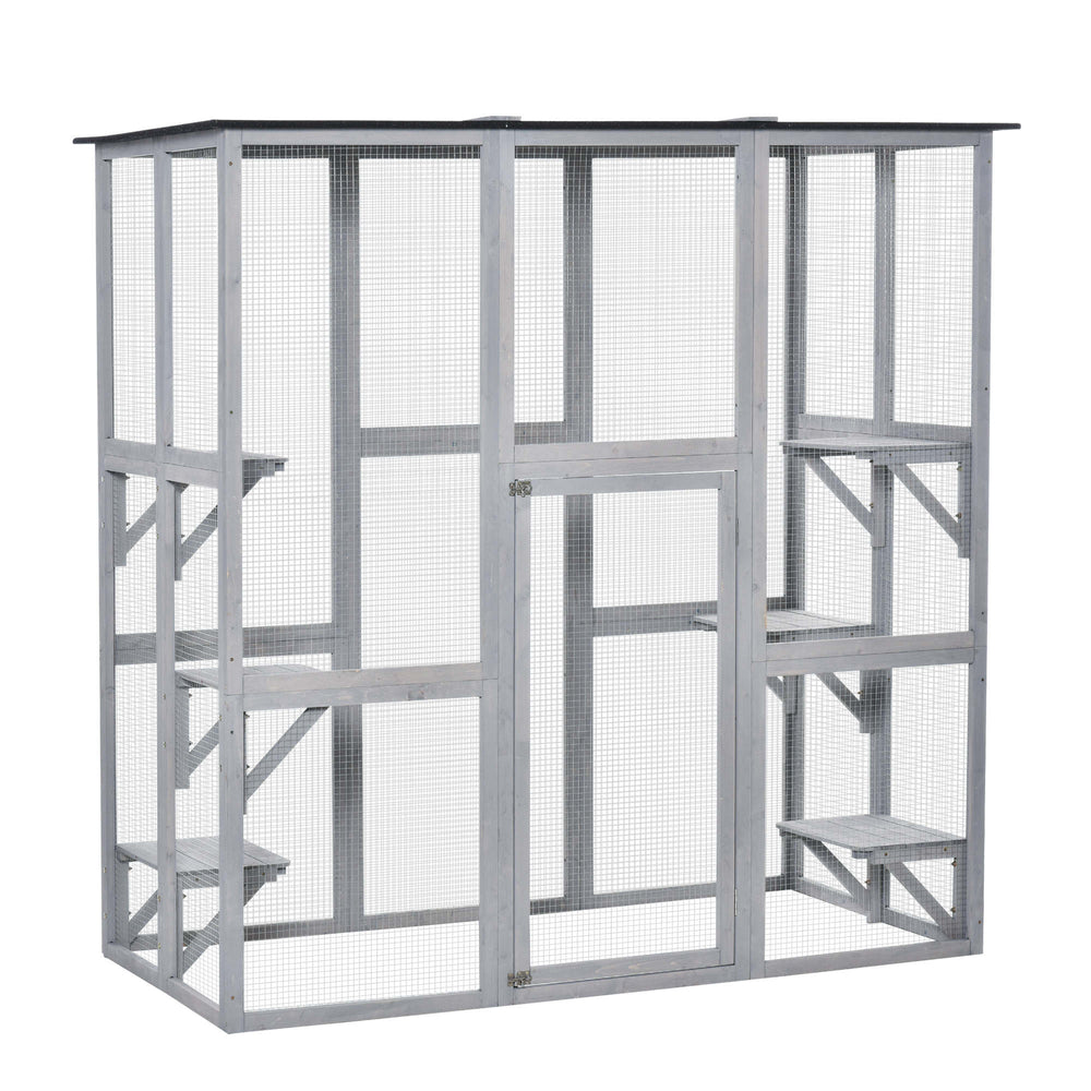 Large outdoor cat enclosure weatherproof with asphalt roof with 6 balanced platforms, 180 x 100 x 180 cm, grey