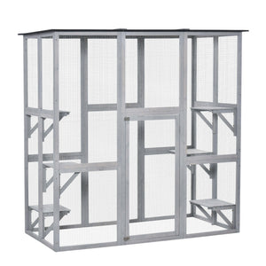 Large outdoor cat enclosure weatherproof with asphalt roof with 6 balanced platforms, 180 x 100 x 180 cm, grey