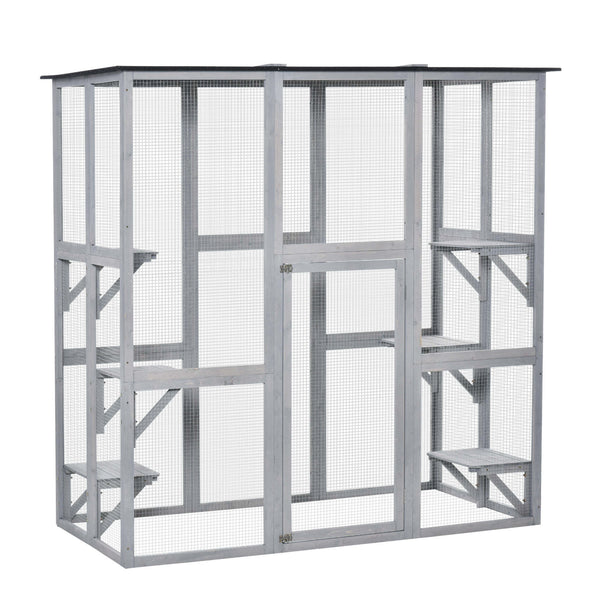 Large outdoor cat enclosure weatherproof with asphalt roof with 6 balanced platforms, 180 x 100 x 180 cm, grey