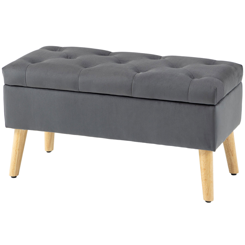 Pouf de rangement avec couvercle rembourré en velours et pieds en bois, gris anthracite