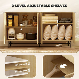 Meuble buffet cannelé avec étagères réglables, 5 pieds en métal pour cuisine et salon, bois naturel